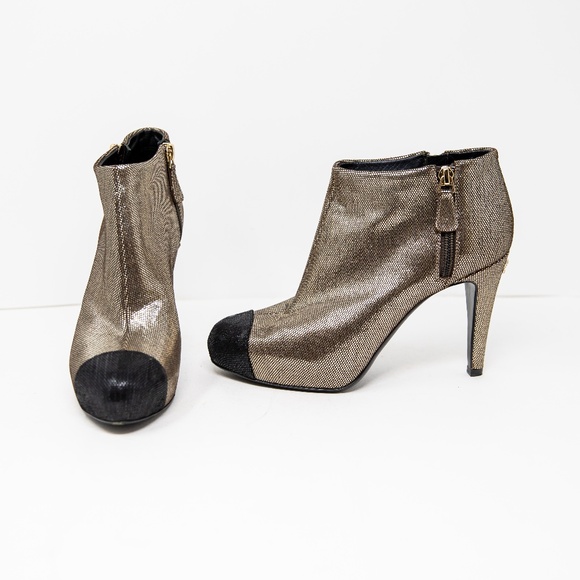 Chanel 12A Metallic Gold Black Cap Ankle High heel Booties Shoes Crystal Logo 38 - Picture 1 of 5